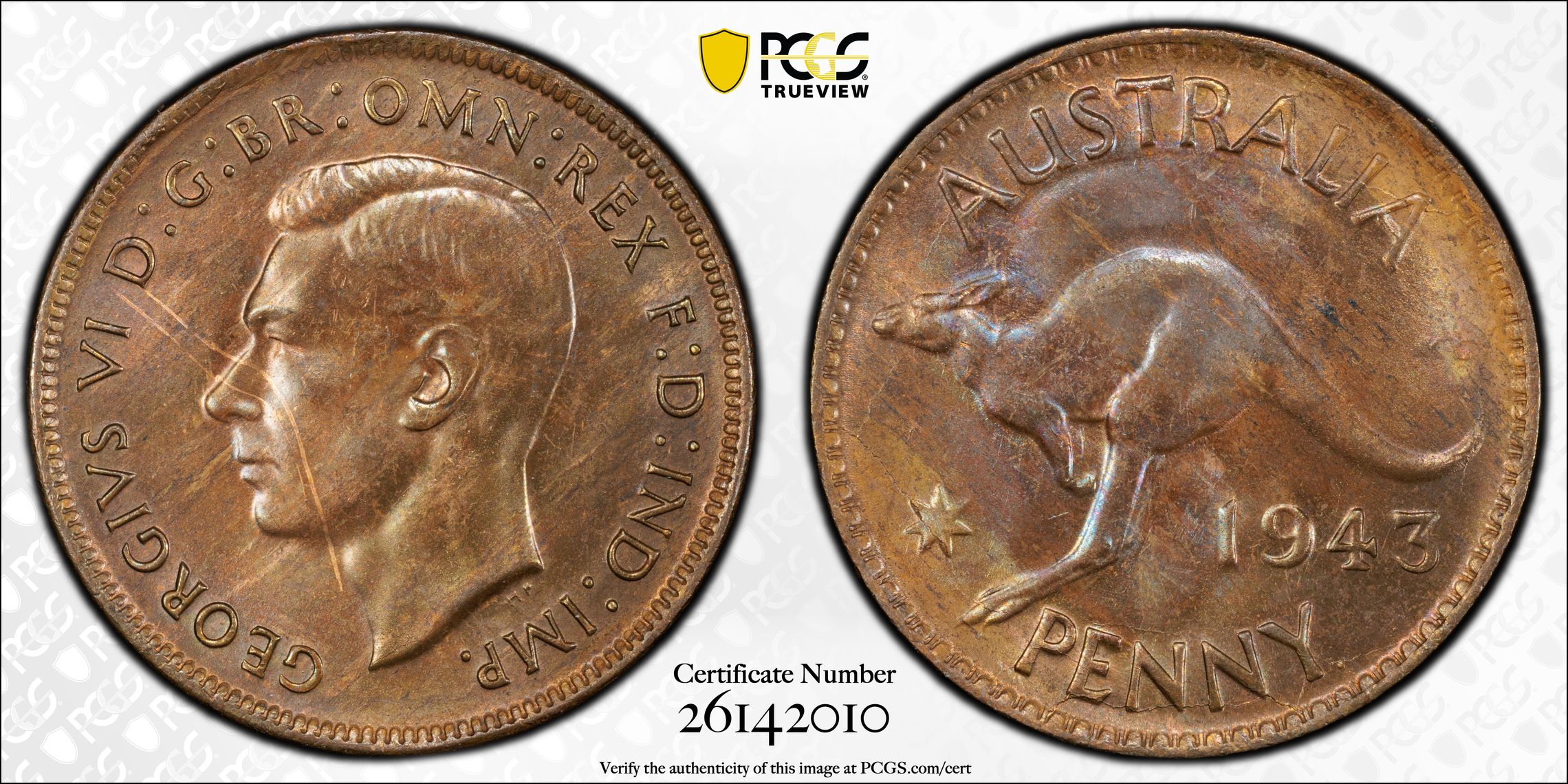 46 · George VI, One Penny, 1943 Y. (p), PCGS MS64BN