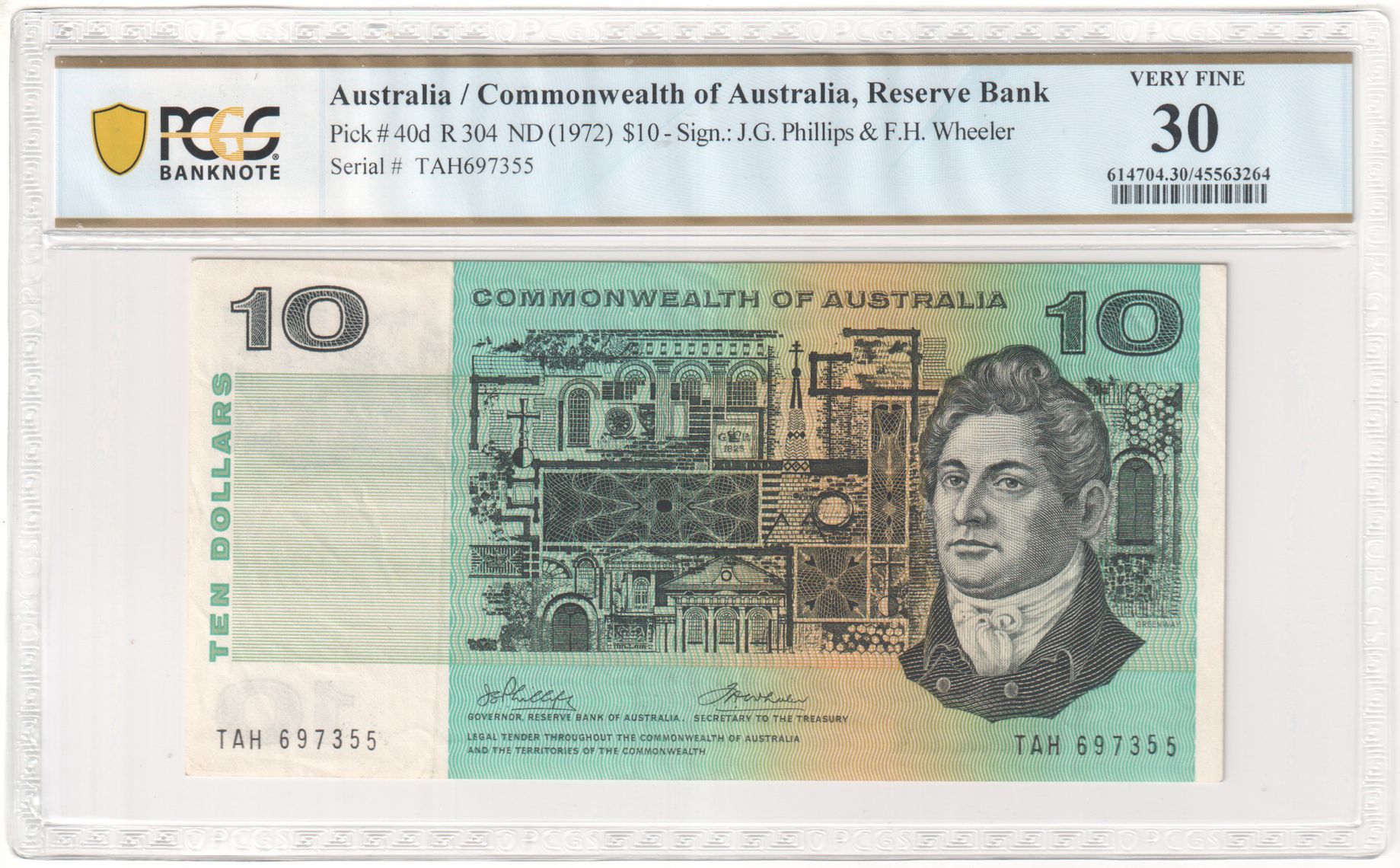 100 · R. 304, Commonwealth of Australia, Reserve Bank, Sign.: J.G. Phillips & F.H. Wheeler, Ten Dollar, ND (1972), PCGS - Very Fine 30