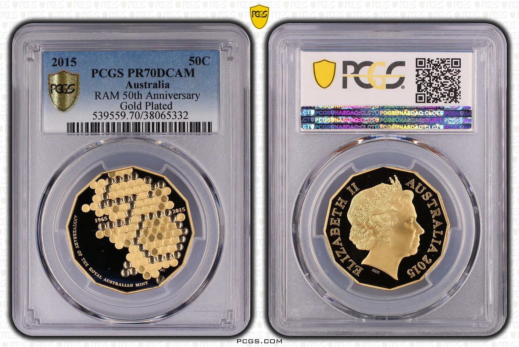 2015 Australia Fifty Cent, 50c RAM 50th Anniversary Gold Plated PCGS - PR70DCAM POP 66/0 -332