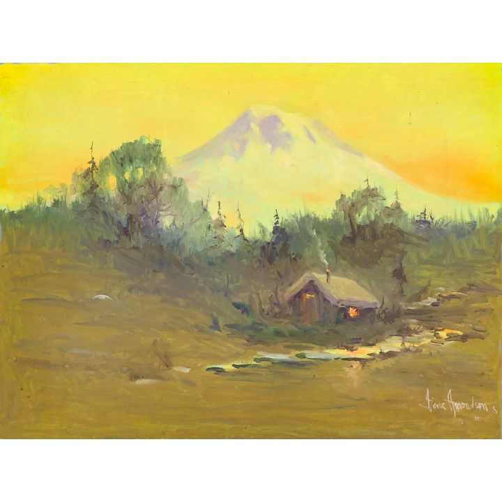 Gene Amondson ''Sunset Cabin, Mt. Rainier'' Oil on Masonite 30''x40''