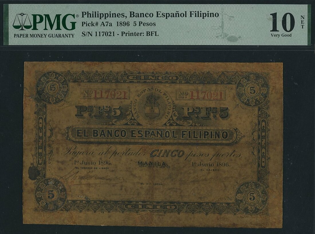 Banco Espanol Filipino, Philippines, 5 Pesos, 1st June 1896, serial ...