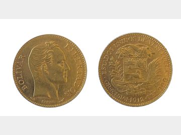 1912 VENEZUELA UNIDOS 20 BOLIVARES GOLD COIN