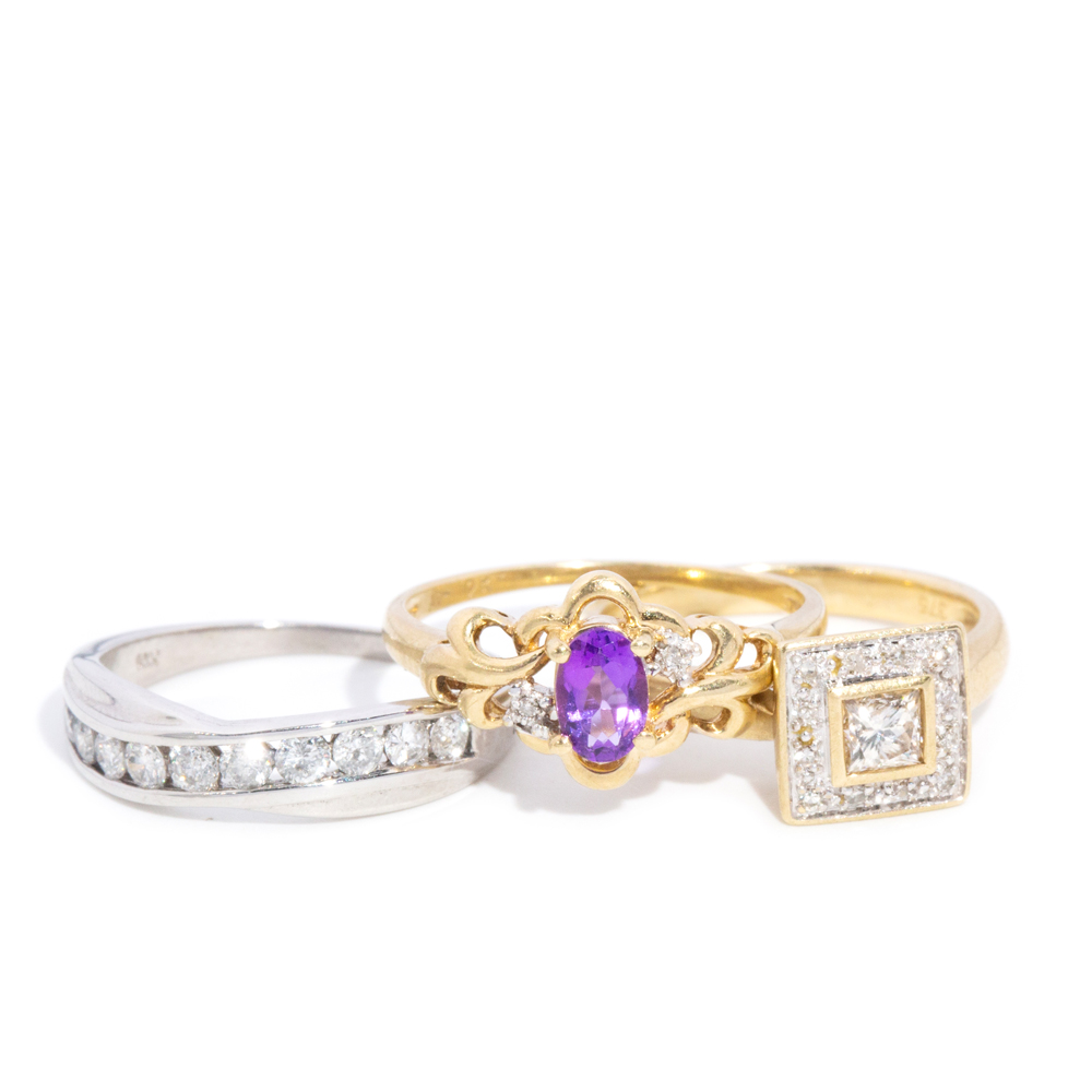 173 · Three Diamond & Amethyst 9ct Gold Rings