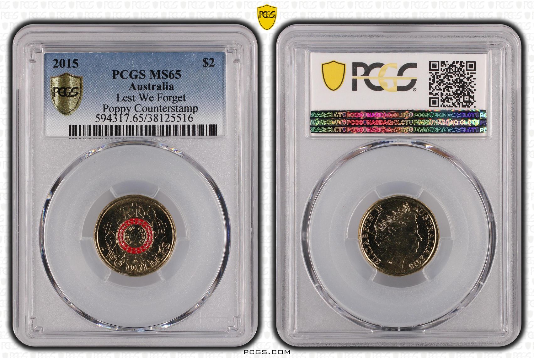 Lest We Forget Poppy counterstamp, Two Dollar, 2015, PCGS MS65