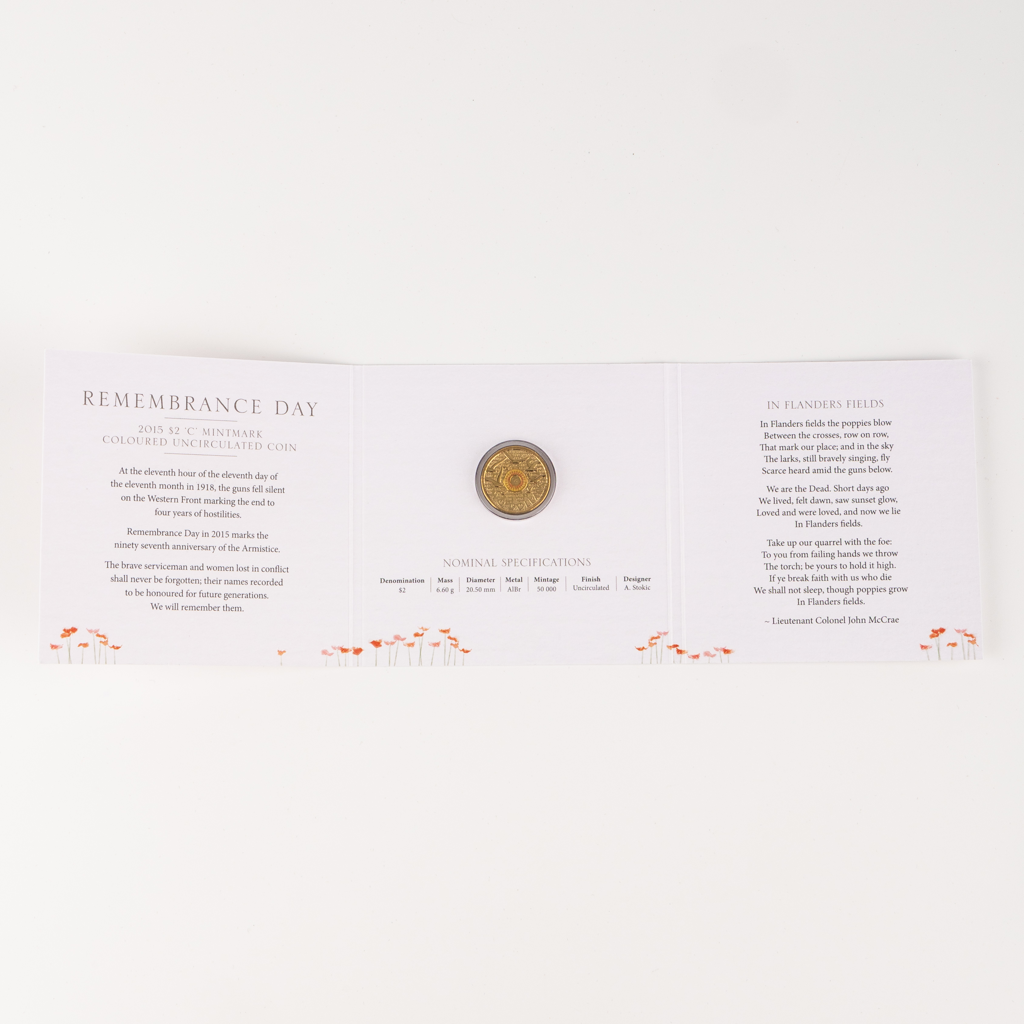 Remembrance Day Trifold, Two Dollars, 2015-C, UNC