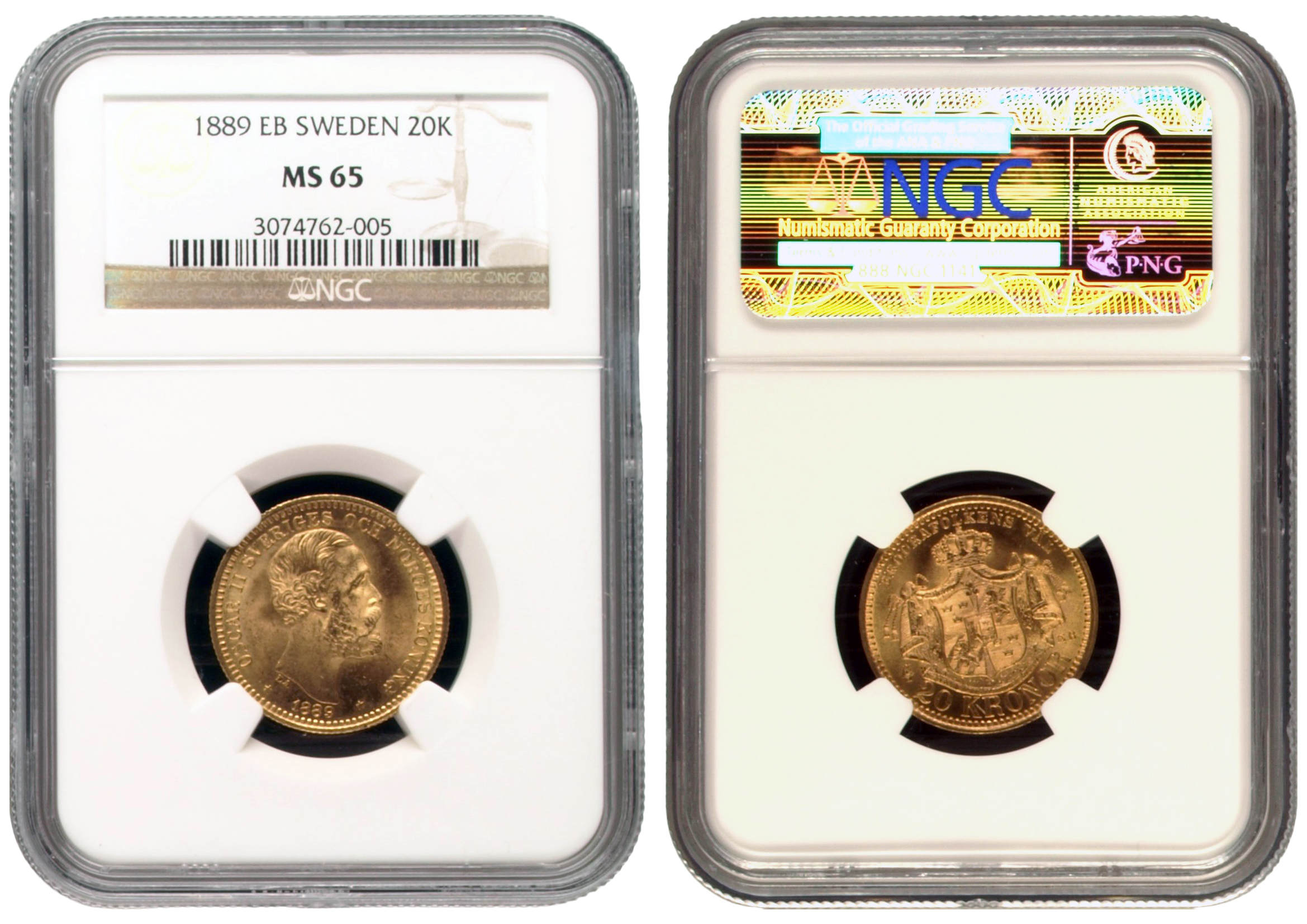 131 · Sweden, Oscar II, Twenty Kronor, 1889-EB, NGC MS65