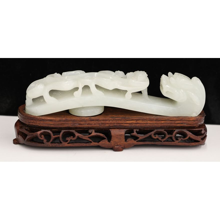 Chinese White Jade Dragon Belt Hook on Stand
