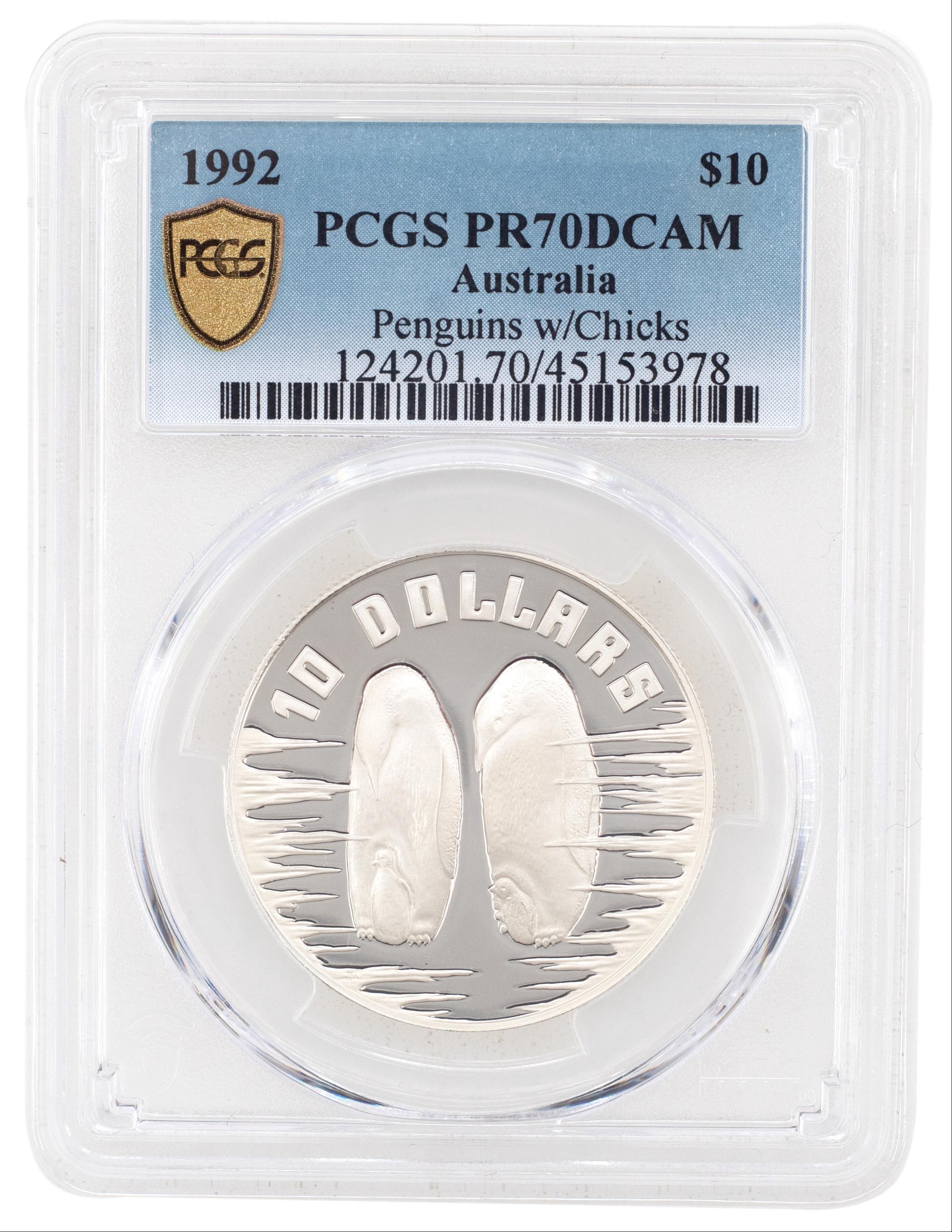 1992 Australia Ten Dollar, $10 Silver Emperor Penguins w/Chicks PCGS - PR70DCAM POP 9/0 -978