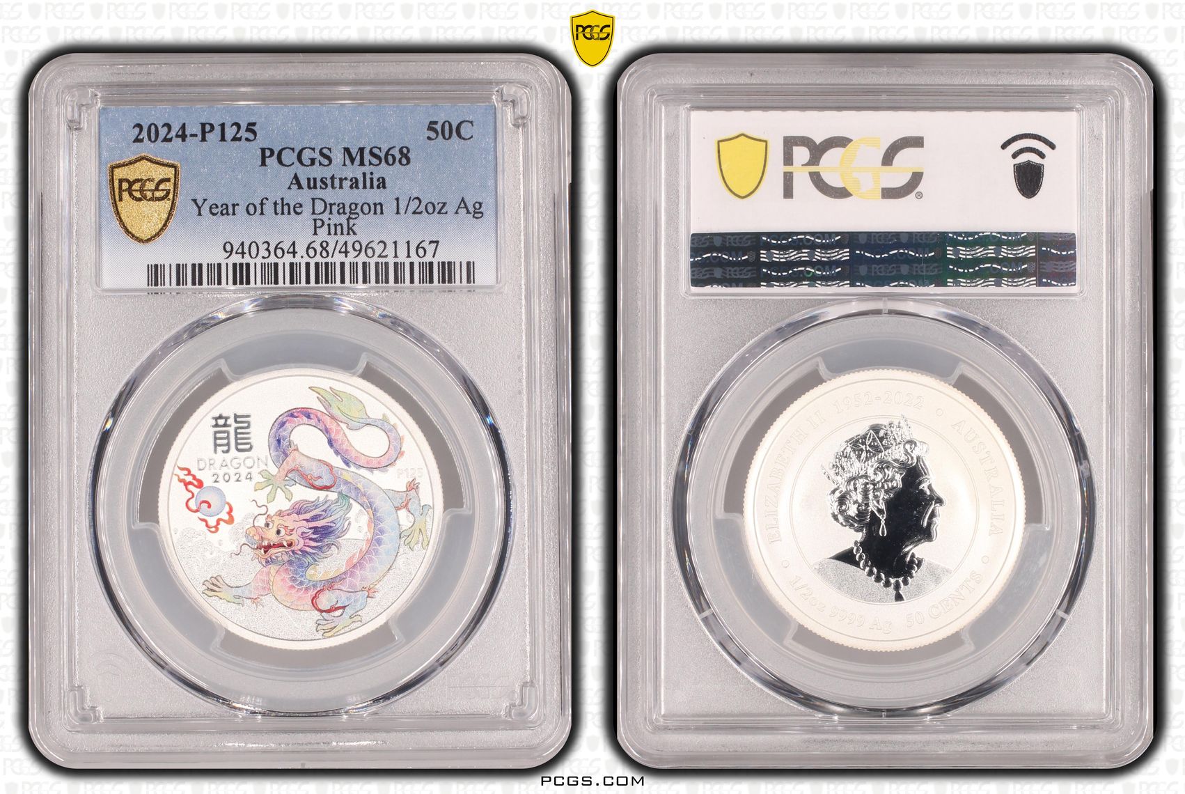 Year of the Dragon 1/2oz Ag Pink , Fifty Cent, 2024-P125, PCGS MS68