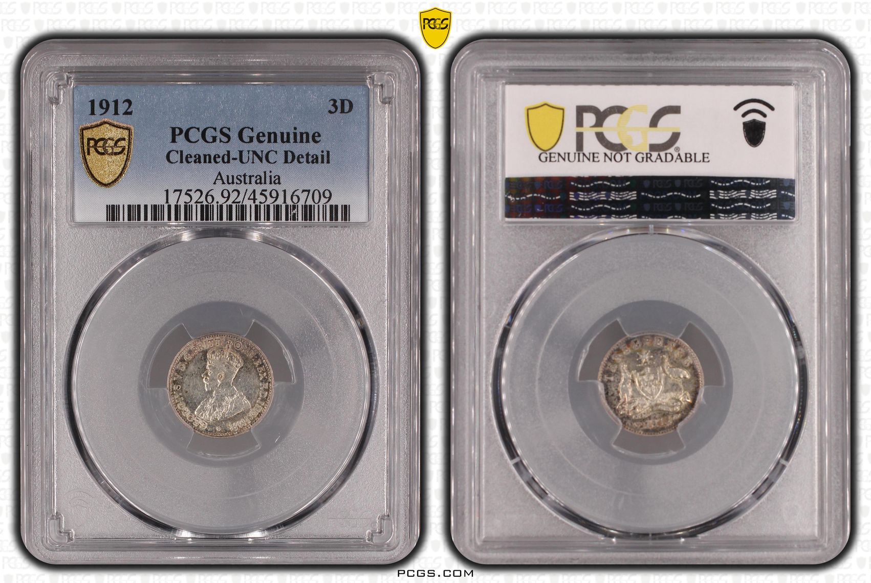 1912 Australia Threepence PCGS - Genuine - UNC Details (92 - Cleaned) -709