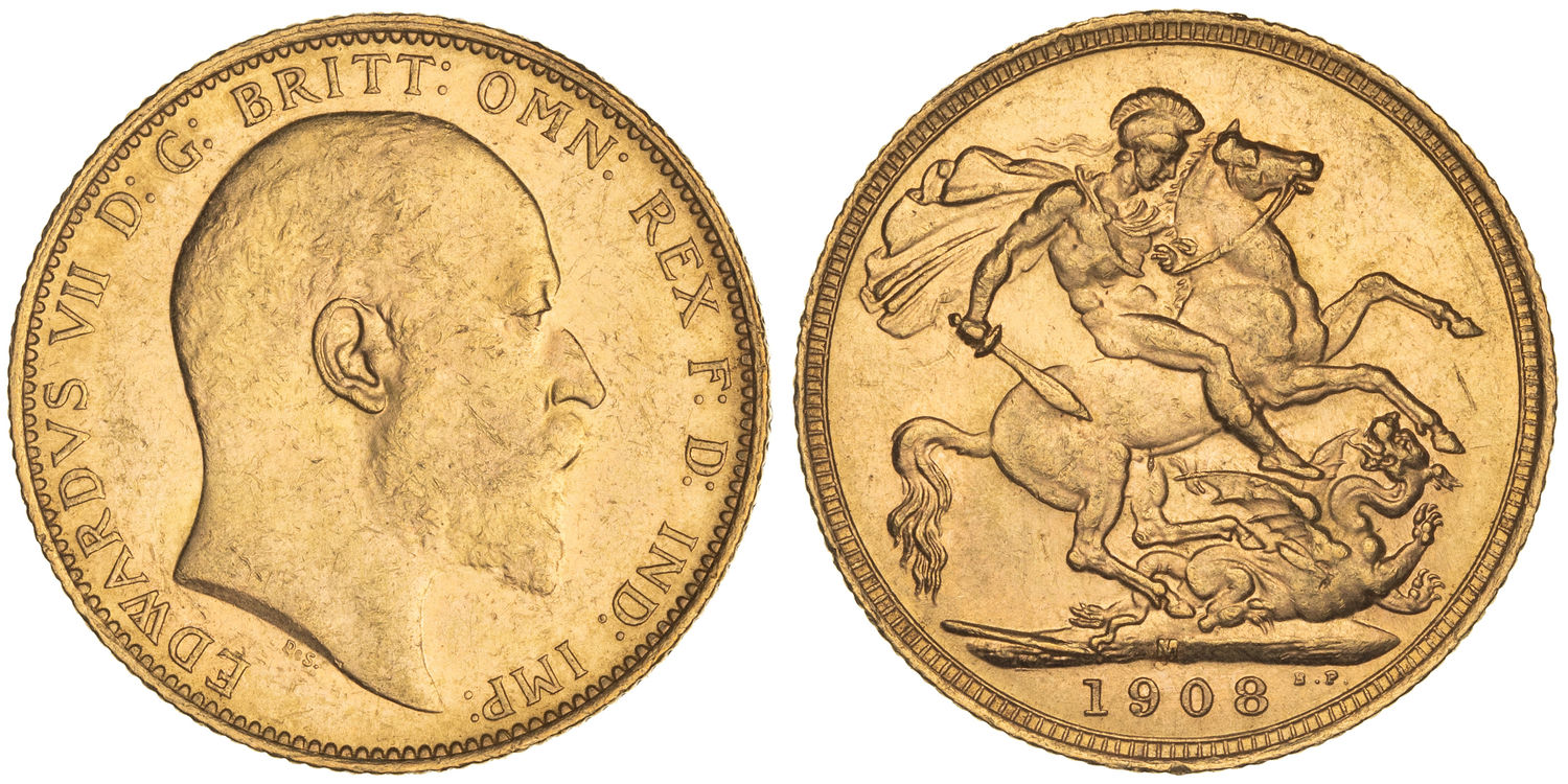 Edward VII, St George Reverse, Sovereign, 1908-M, UNC