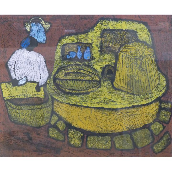 Modern African Abstract Cooking Scene Painting Framed 27''x30''