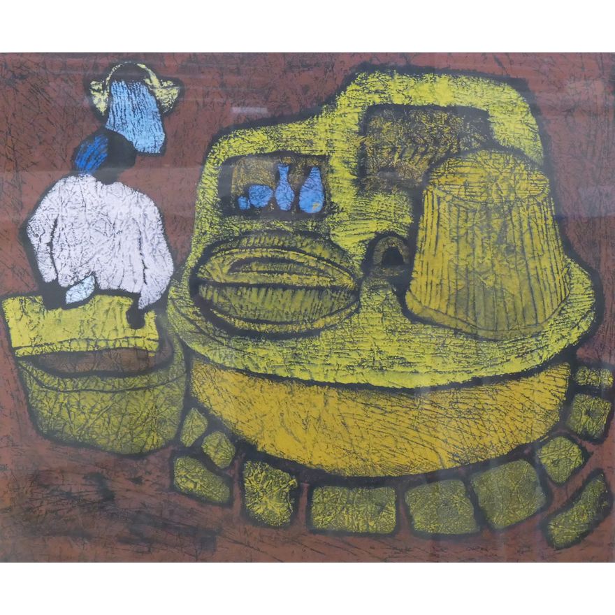 Modern African Abstract Cooking Scene Painting Framed 27''x30''