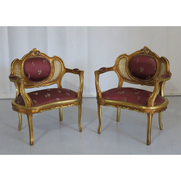 PAIR OF LOUIS XV STYLE GILT PAINTED AND RATTAN ARMCHAIRS