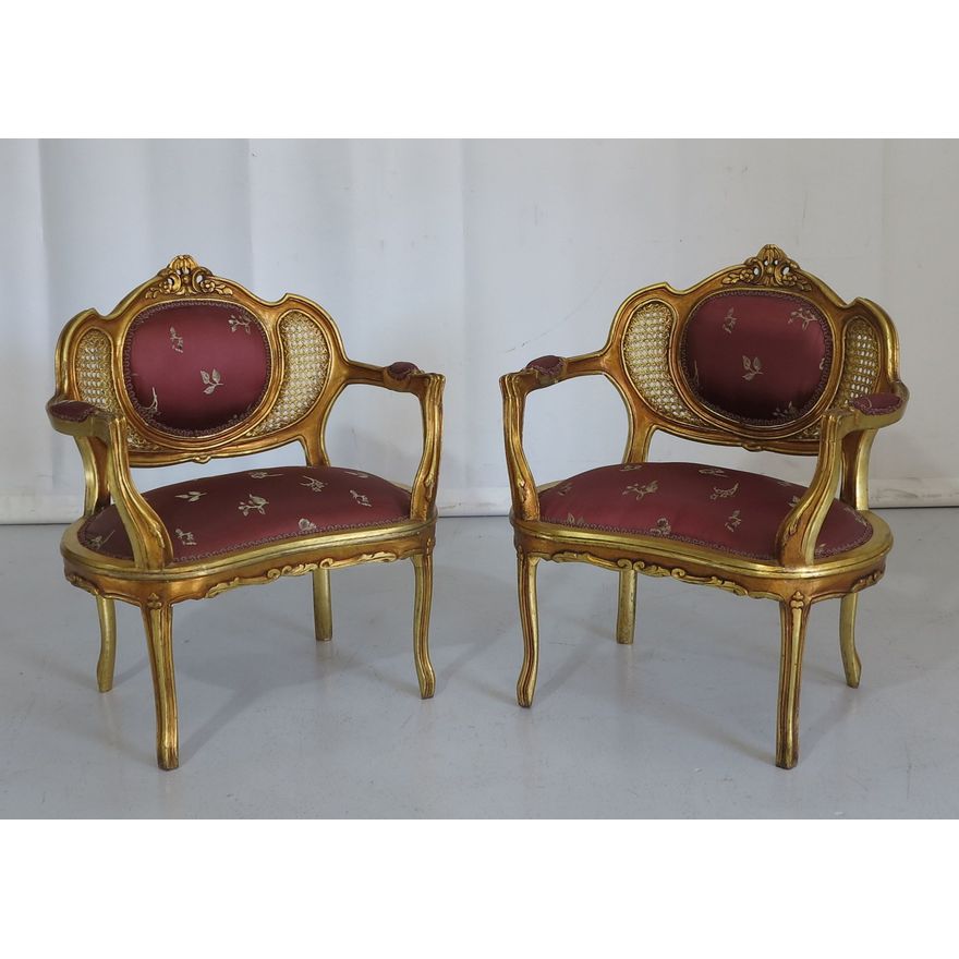 PAIR OF LOUIS XV STYLE GILT PAINTED AND RATTAN ARMCHAIRS