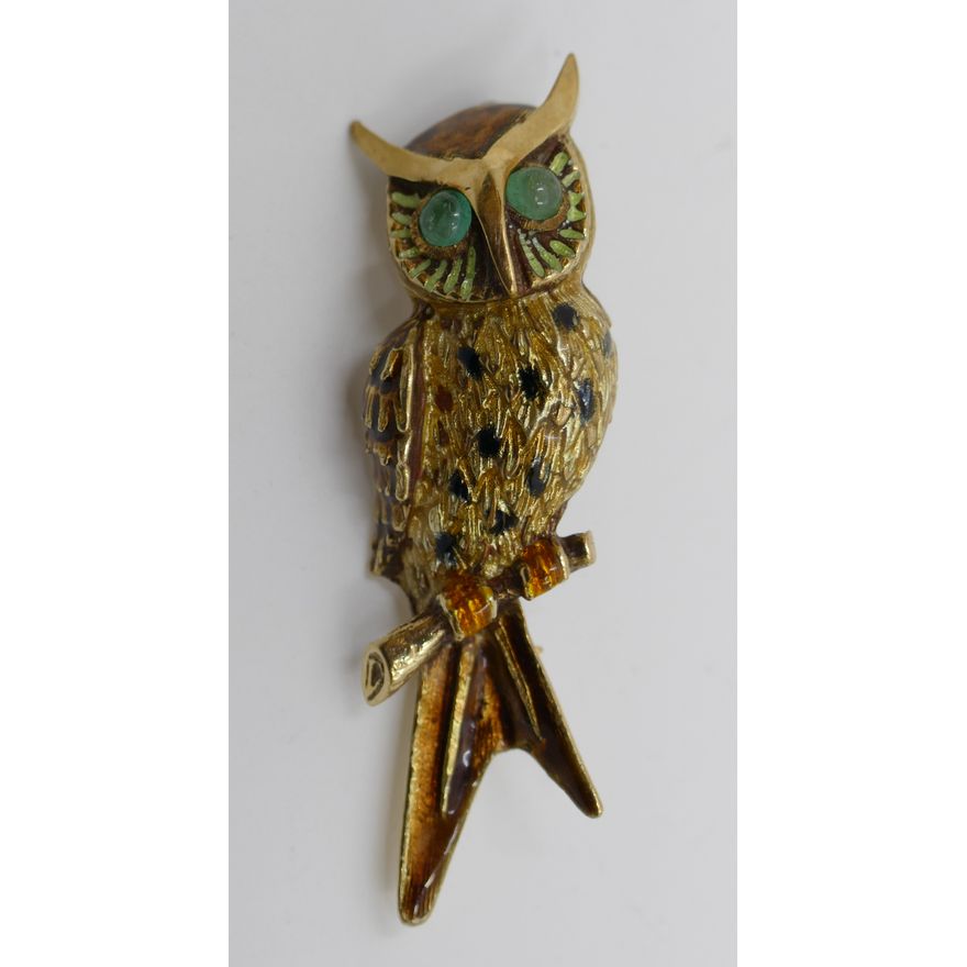 14k Enameled Owl Brooch with Chrysoprase Eyes 2'' - 8.6 Grams