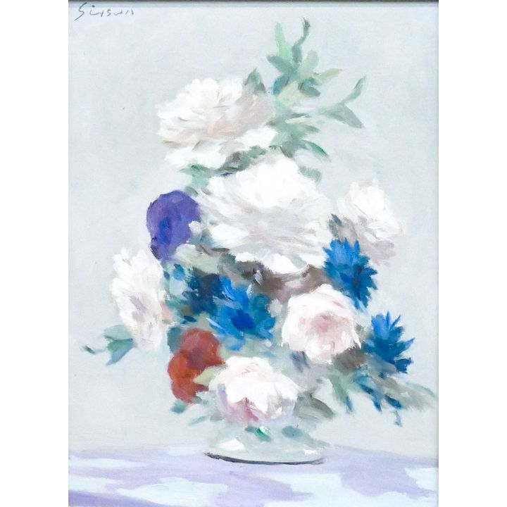 Vintage White Floral Still Life Painting Framed 19''x16'' - Illegibly signed