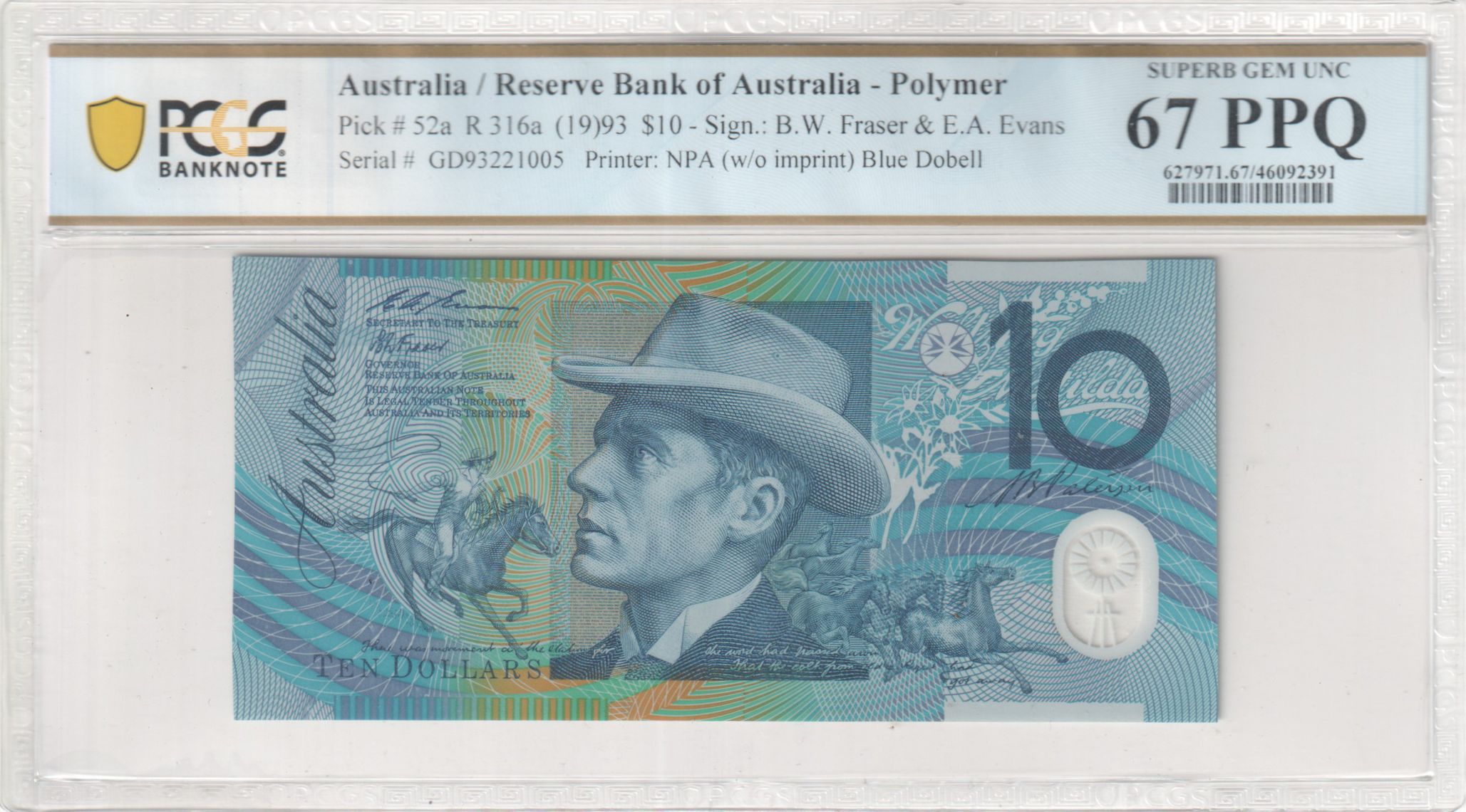 Fraser/Evans, Blue Dobell, Ten Dollar, 1993, PCGS Superb Gem UNC 67 PPQ