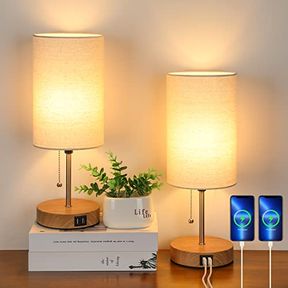SET OF 2 TABLE LAMPS WITH 2 USB PORTS, MODERN BEDSIDE, DESK LAMPS WITH PULL CHAIN, NIGHTSTAND LAMPS WITH CREAM FABRIC SHADE AND OA