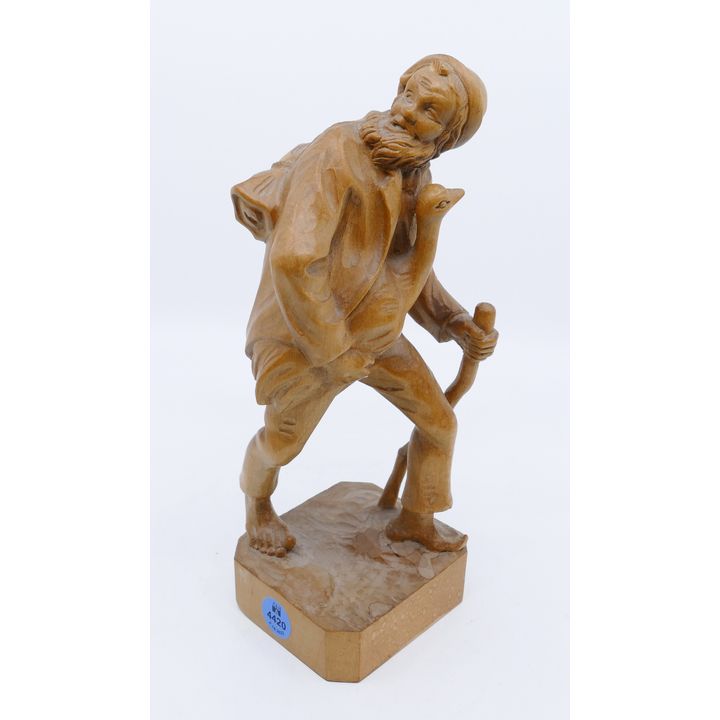 Vintage Swiss Man with Goose Wood Carving 10''