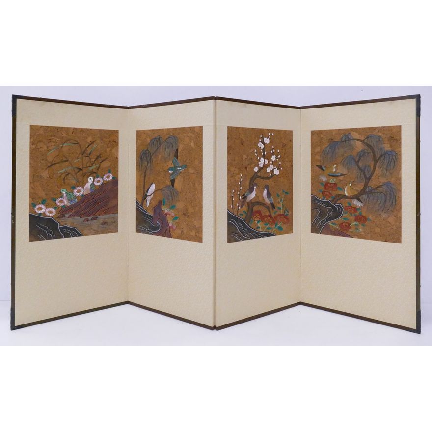 Japanese 4 Panel Birds and Trees Screen- 33x69''