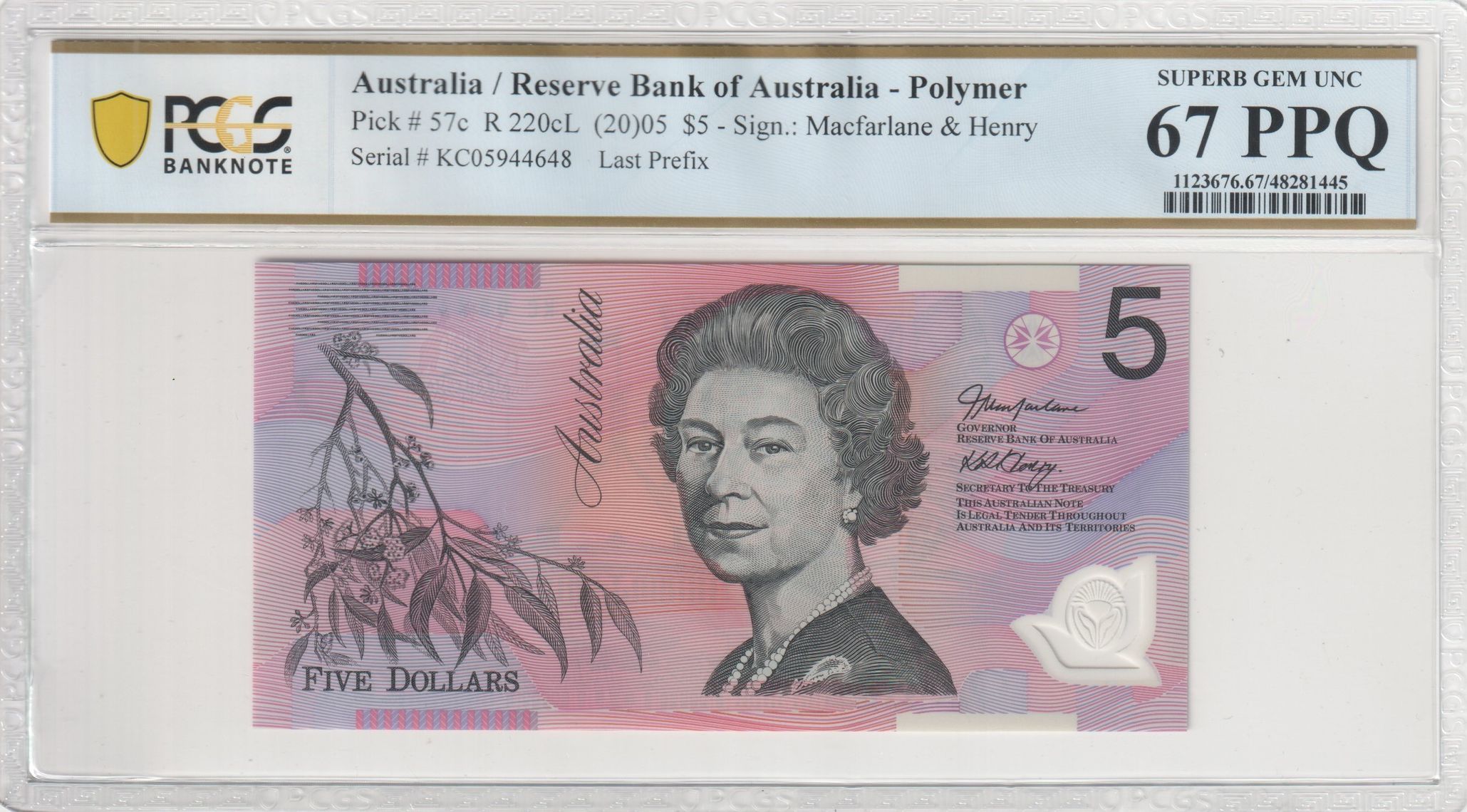 449 · Macfarlane/Henry, Last Prefix, Five Dollar, 2005, PCGS Superb Gem UNC 67 PPQ