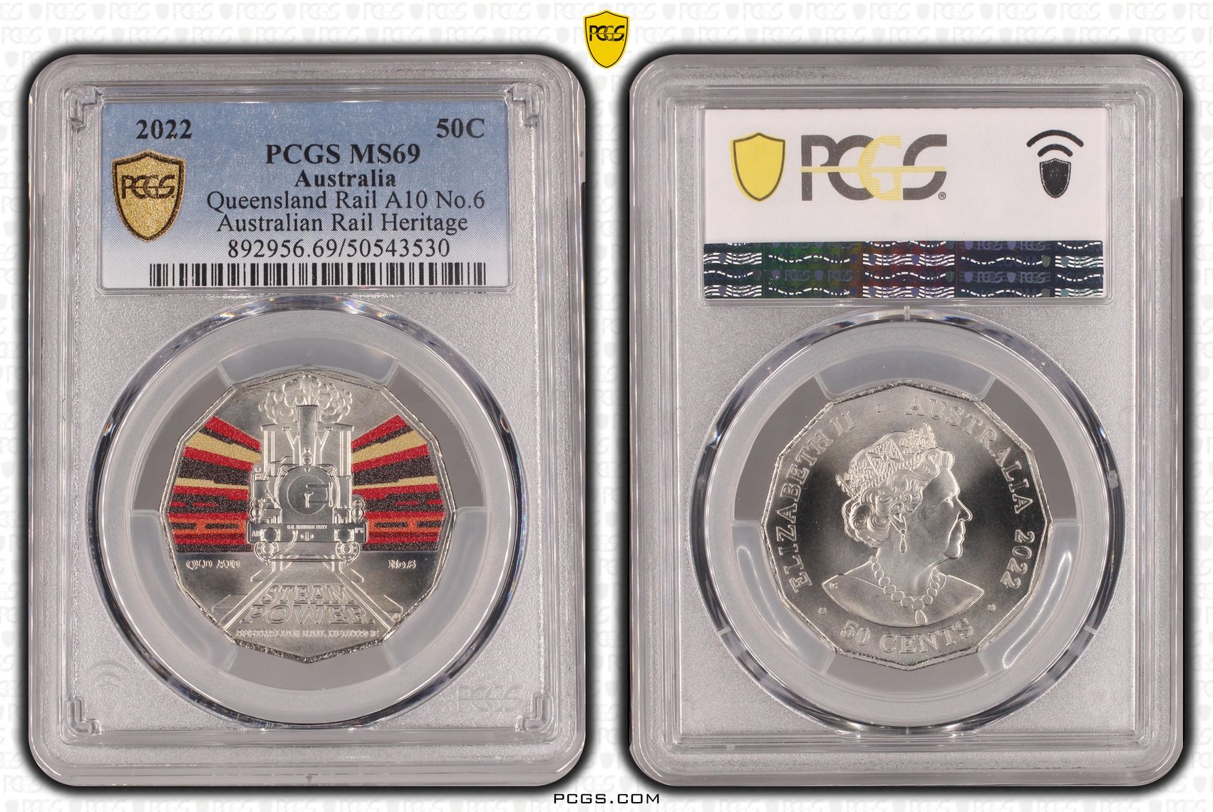 Queensland Rail A10 No.6 - Australian Rail Heritage, Fifty Cent, 2022, PCGS MS69
