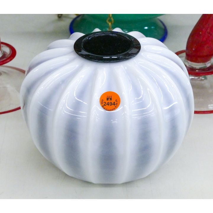Black and White Studio Glass Melon Vase 6''