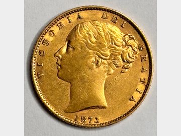 1873 VICTORIA #DIE 20 SHIELD GOLD SOVEREIGN