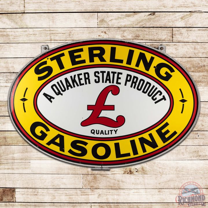 Scarce Sterling Gasoline "A Quaker State Product" Double Sided Porcelain ID Sign w/ Ring