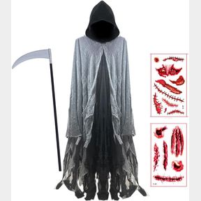CLNXIASN LOOSE HOODED MESH CLOAK WITH SCYTHE TATTOO STICKER GRIM DEVIL REAPER COSTUME DEMON CAPE SORCERER ROBE WIZARD OUTFIT