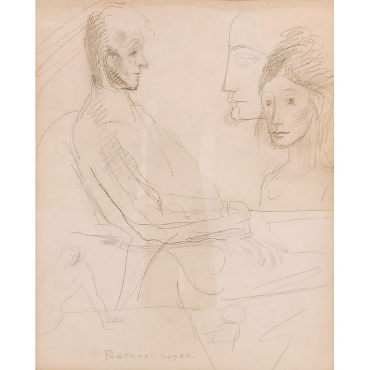 Raphael Soyer Figure Study Drawing in Gallery Frame- 24x21''