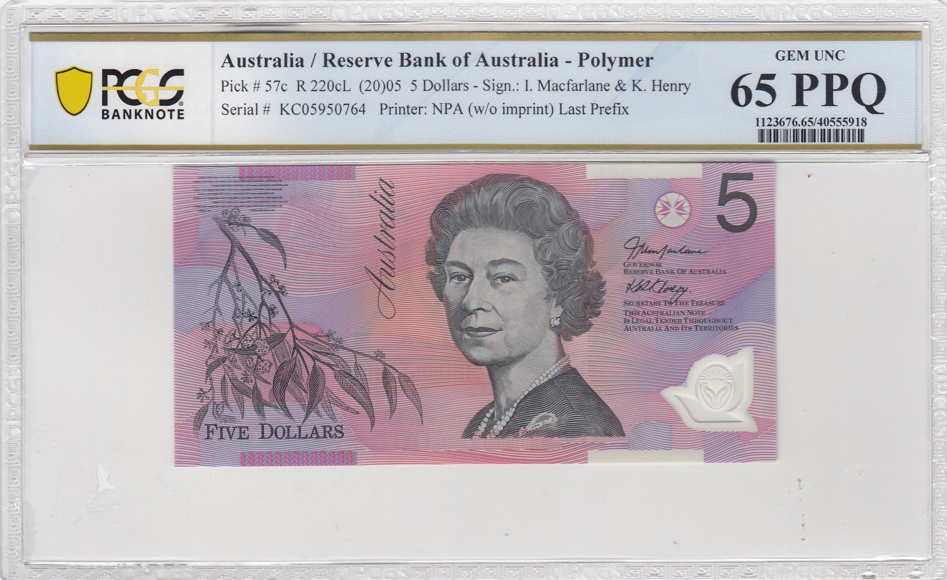 430 · Macfarlane/Henry,  Last Prefix, Five Dollar, 2005, PCGS Gem UNC 65 PPQ