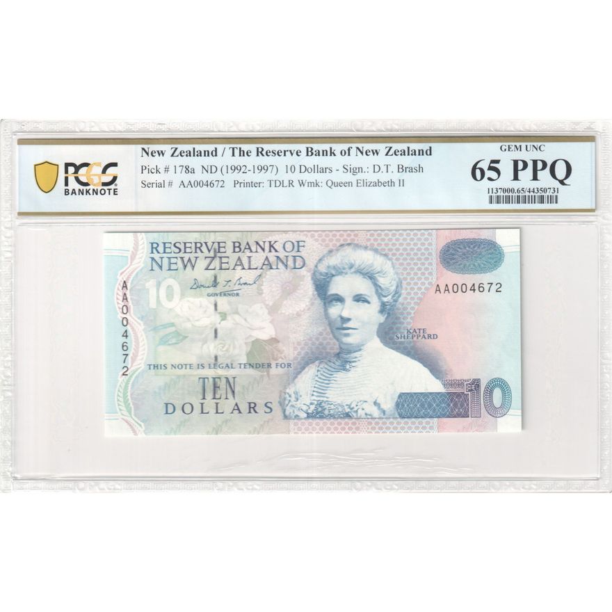 New Zealand, Reserve Bank of New Zealand, TDLR, Sign.: D.T. Brash, Wmk: Queen Elizabeth II, Ten Dollar, ND (1992-97), PCGS - Gem UNC 65 PPQ