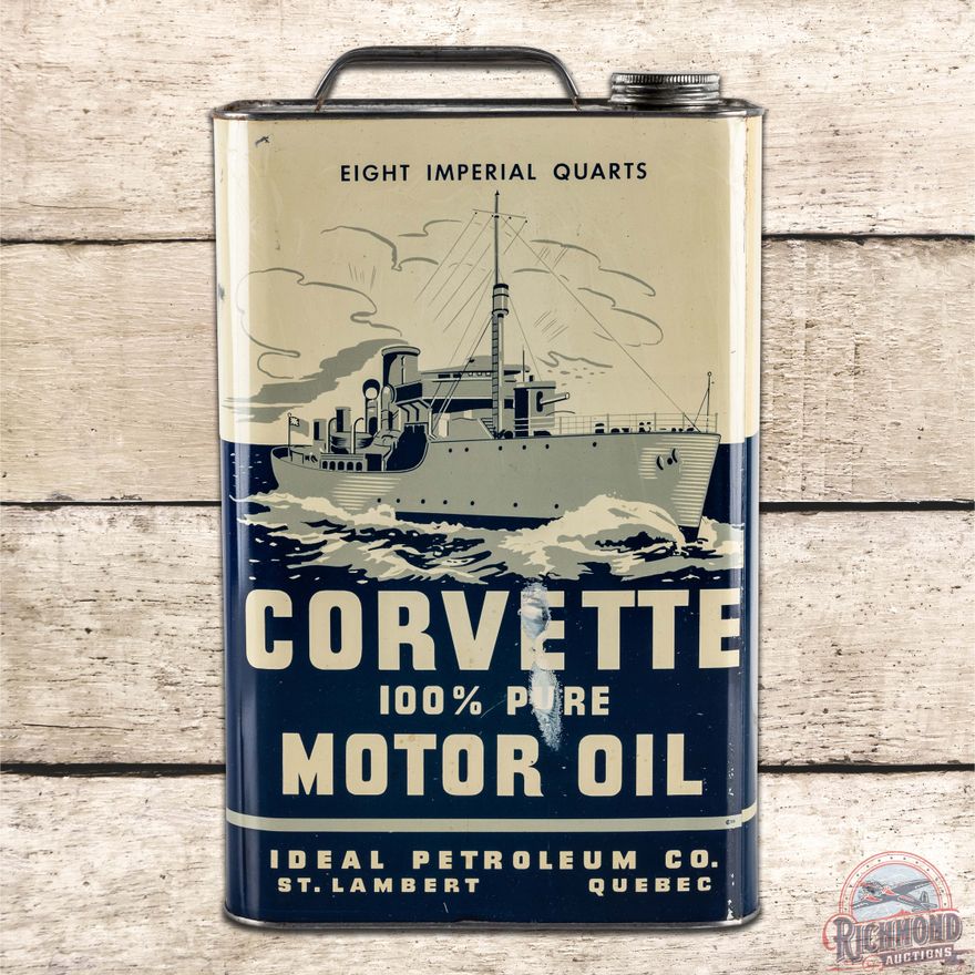 Ideal Petroleum Corvette Motor Oil 8 Imperial Quart Metal Can w/ Battleship