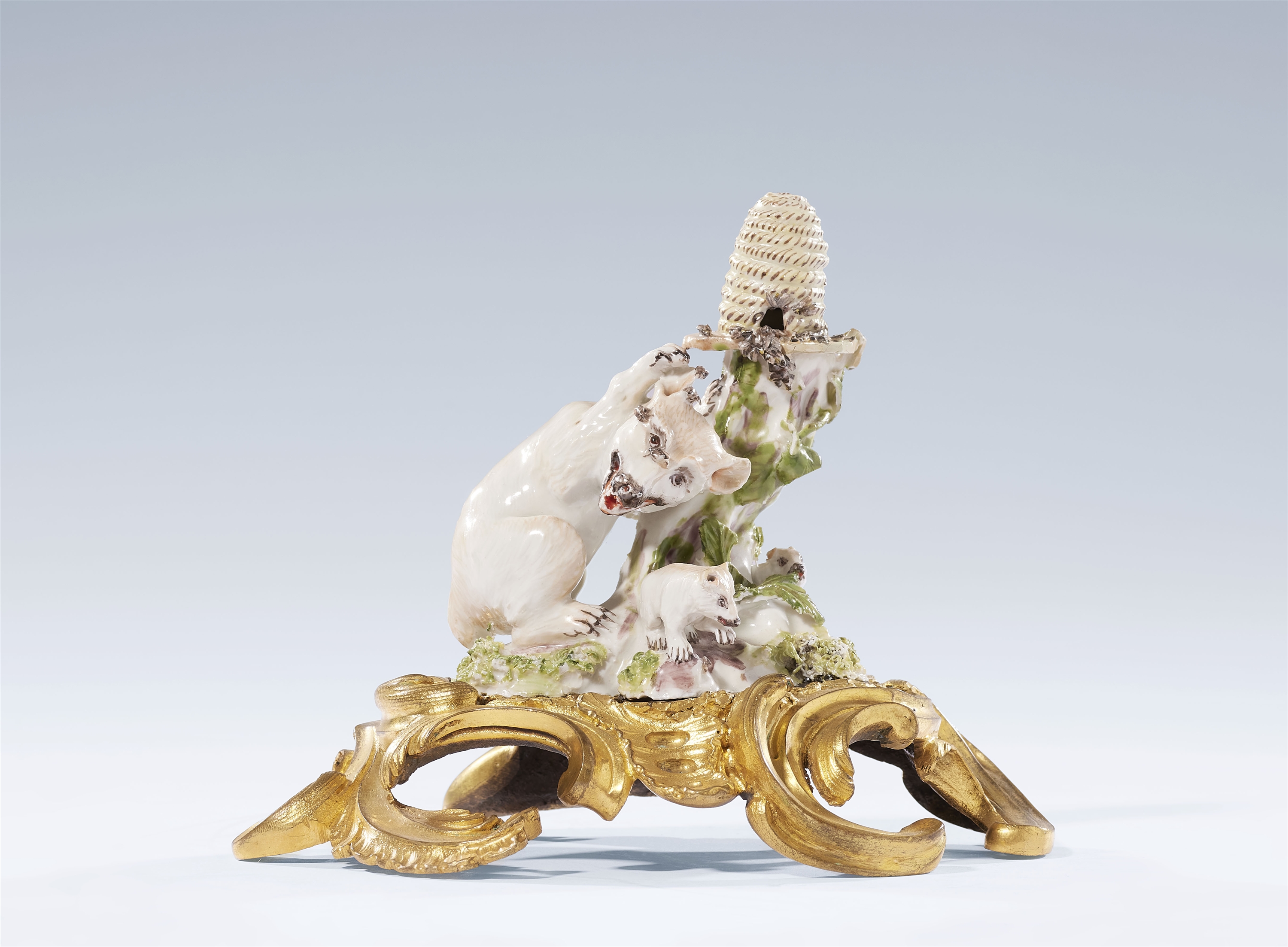 A rare Ludwigsburg porcelain bear group by Jean-Jacques Louis in ormolu mount