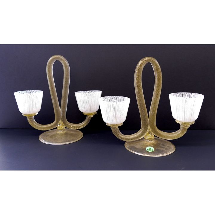 Pair Murano Glass Latticino Double Candle Holders- 9x10''