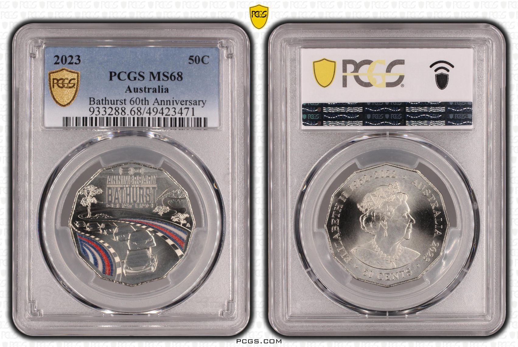 215 · Elizabeth II, Bathurst 60th Anniversary Colorized , Fifty Cent, 2023, PCGS MS68