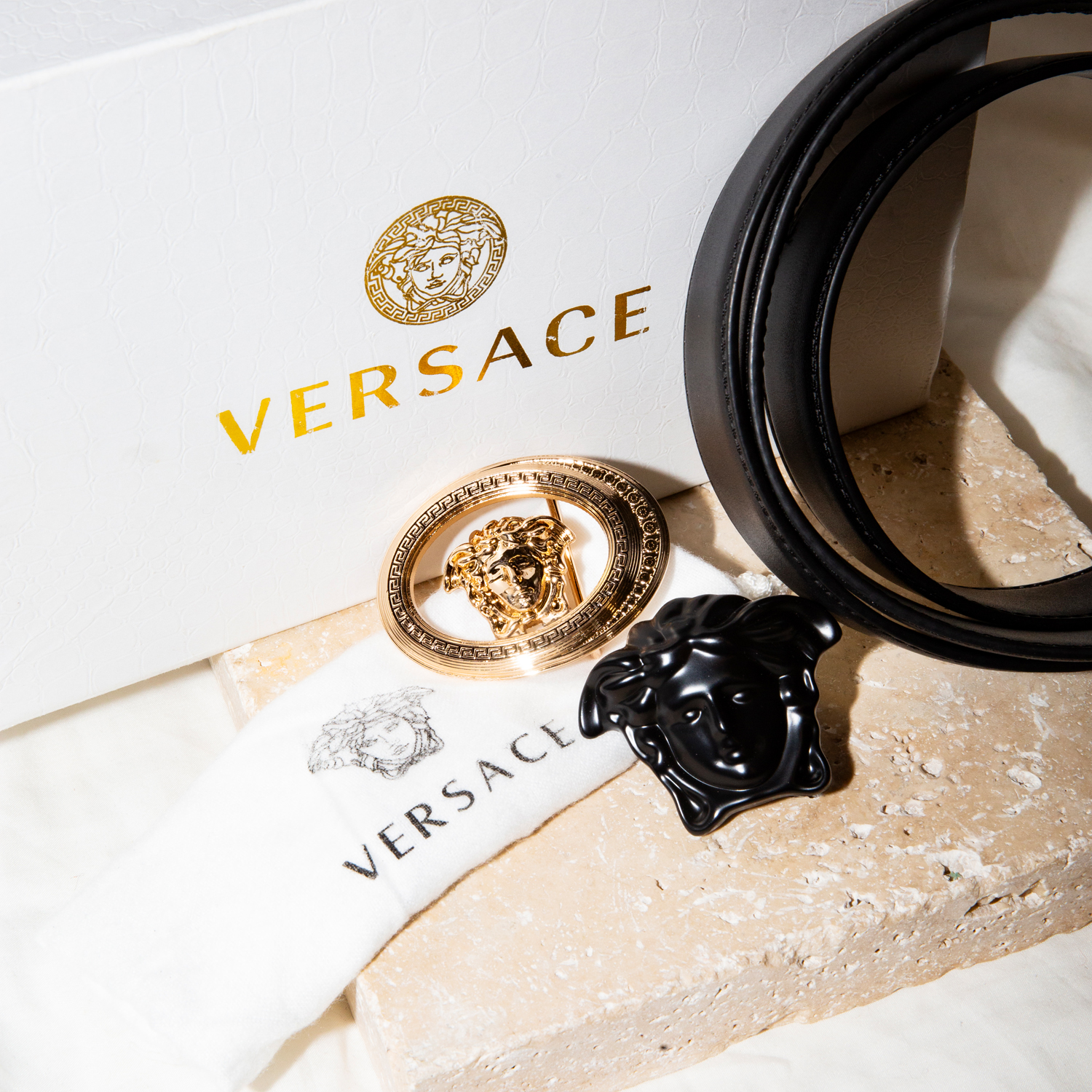62 · Versace Black Leather Belt with 2 Buckles