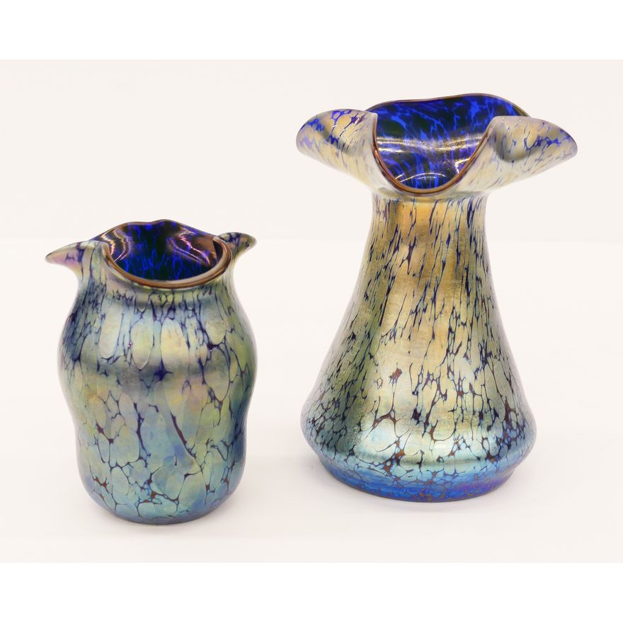 2pc Loetz Blue Oil Spot Glass Vases