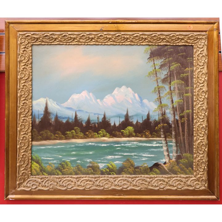 Antique Northwest Mountain Range Oil Painting Framed 26''x30''