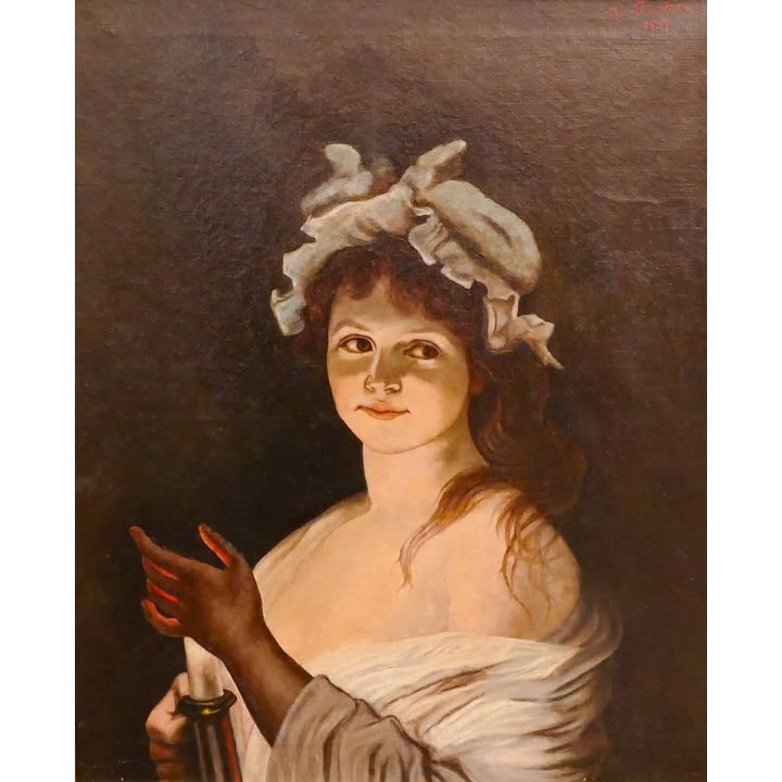 A. Flocker 1897 Woman by Candle Light Oil Painting Framed- 31x27''