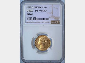 1872 VICTORIA YOUNG HEAD LONDON MINT SHIELD GOLD SOVEREIGN MS61