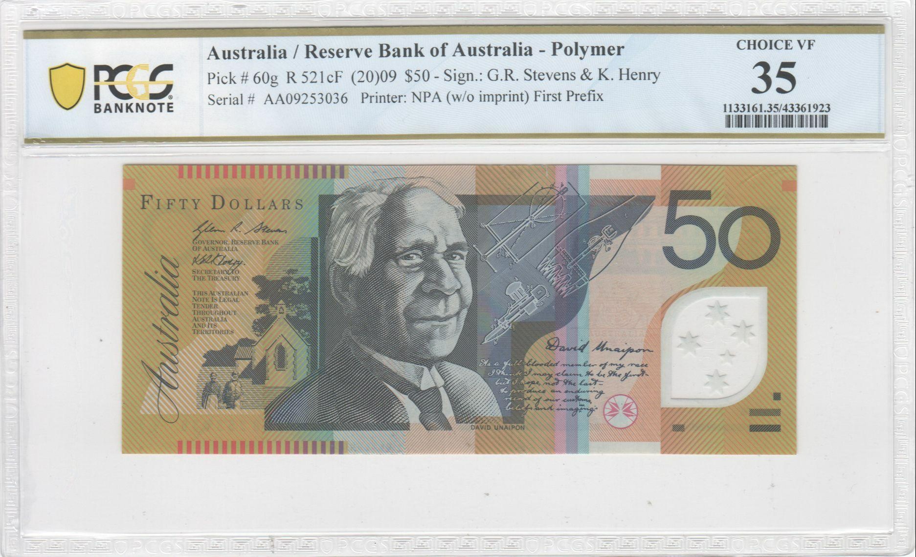 119 · R. 521cF, RBA, Polymer, NPA (w/o imprint), Sign.: G.R. Stevens & K. Henry, First Prefix, Fifty Dollar, (20)09, PCGS - Choice VF 35