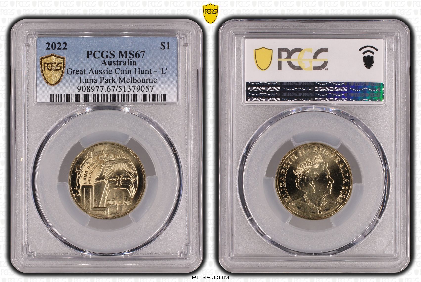 Great Aussie Coin Hunt - 'L', POP 3/0, One Dollar, 2022, PCGS MS67