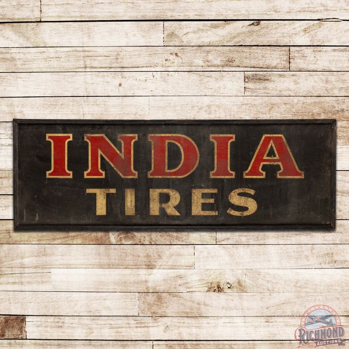 Early India Tires Single Sided Tin Sign w/ Wooden Frame