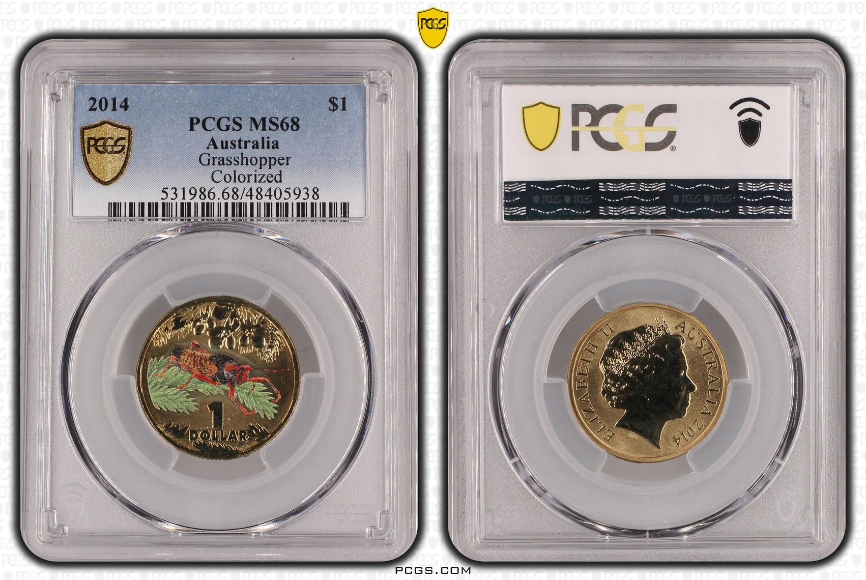 244 · Elizabeth II, Grasshopper Colorized, One Dollar, 2014, PCGS MS68
