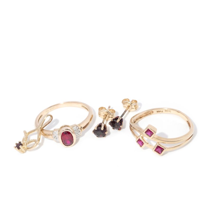 Yellow Gold Synthetic Ruby, Garnet and Diamond Rings, Earrings and Pendant