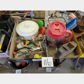 2 Boxes of utensils, glass candy dish and other items