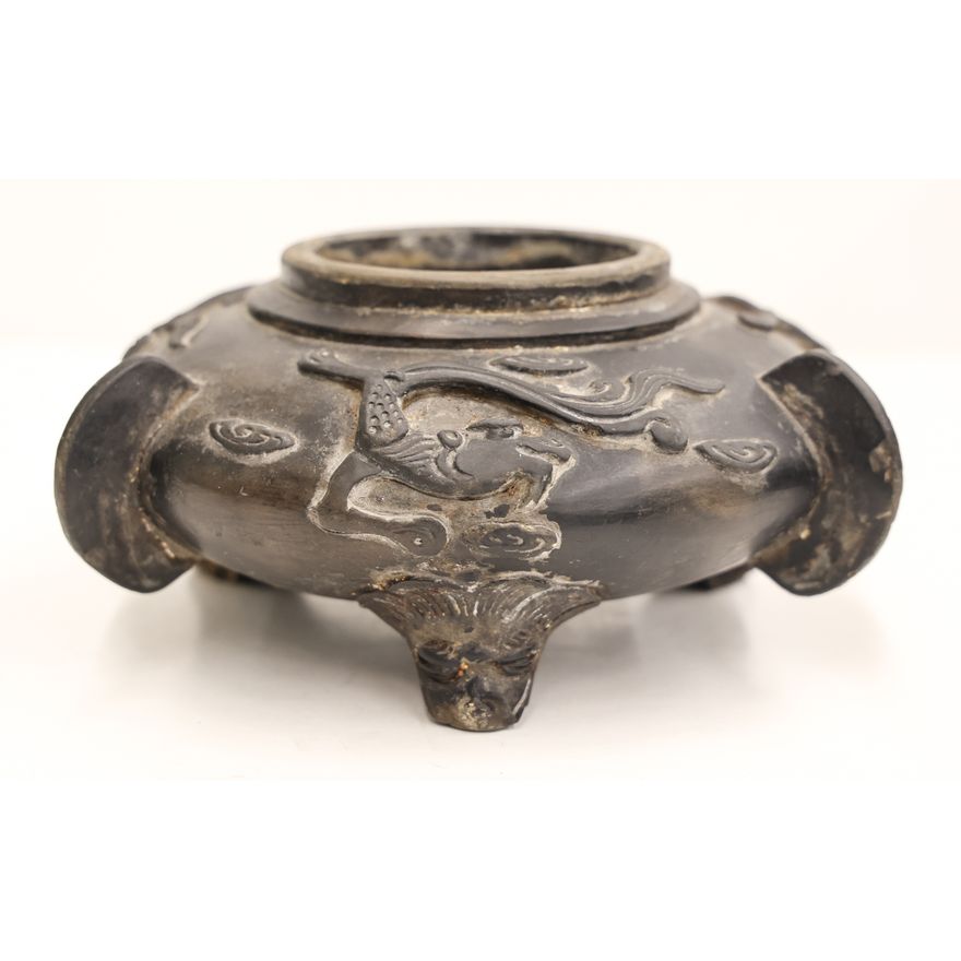Early Japanese Dragon Black Ceramic Koro Censer
